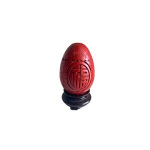 Vintage Chinese Hand Carved Red Cinnabar Egg Figurine and Black Lacquer Stand